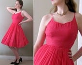 Vintage Valentine Vixen - Hot Pink 1950s Chiffon Cocktail Party Dress - Miss Deb Full Circle Skirt Girly Cupcake Prom Formal New Look XS S