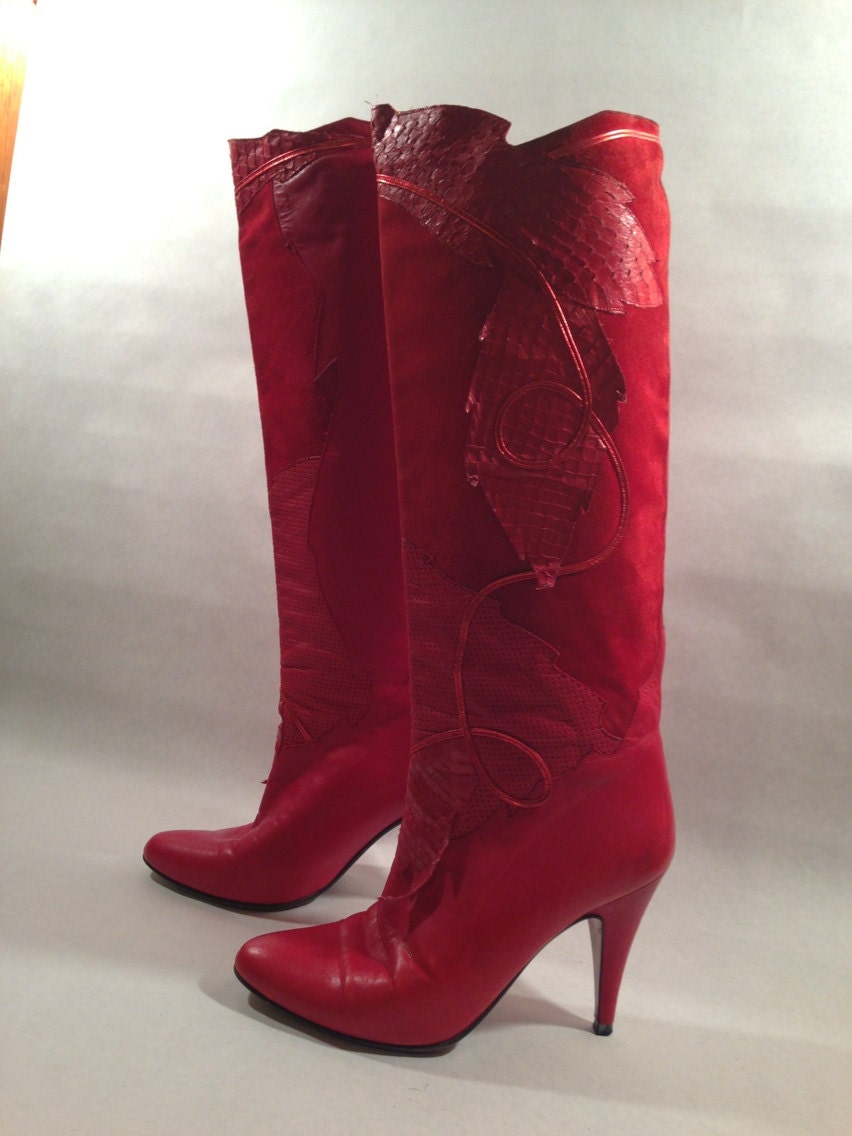 Vintage 80s Bright Red Leather Stiletto Knee High Boots Size 7.5 AA