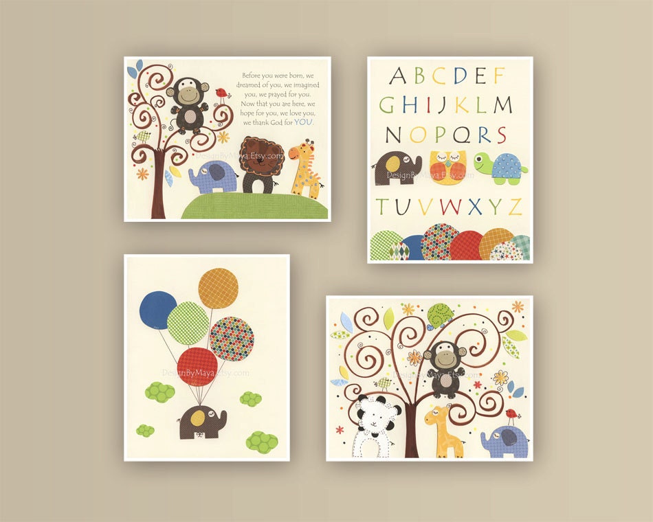 Baby room art, Nursery Decor, Baby Wall Art, set 4 8x10, jungle nursery, abc, safari Nursery Art, Elephant, Turtle & Giraffe Nursery