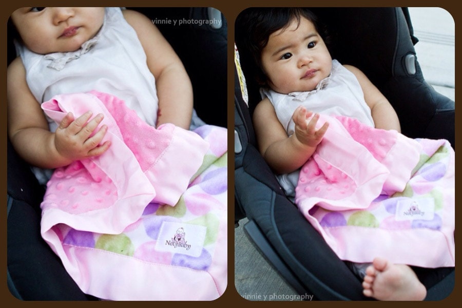 Set of 2 CUSTOM MADE Double Minky Lovey/ Security Blankets -- Minky Print with Solid Minky Dot & Satin Trim