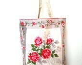 rose vintage hankie tote bag / floral / recycled / gray red pink green natural / market bag / book bag / shabby chic