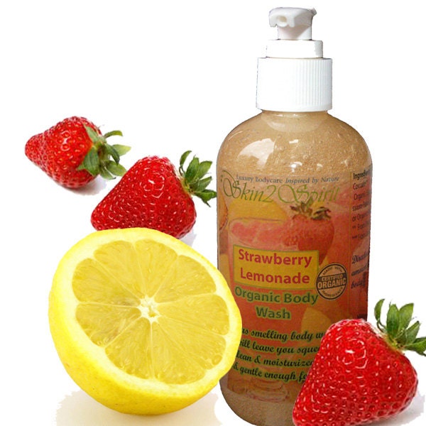 STRAWBERRY LEMONADE Organic Body Wash - No Synthetic Fragrance Oils - Real Fruit - No SLS - Non Toxic - 8 oz