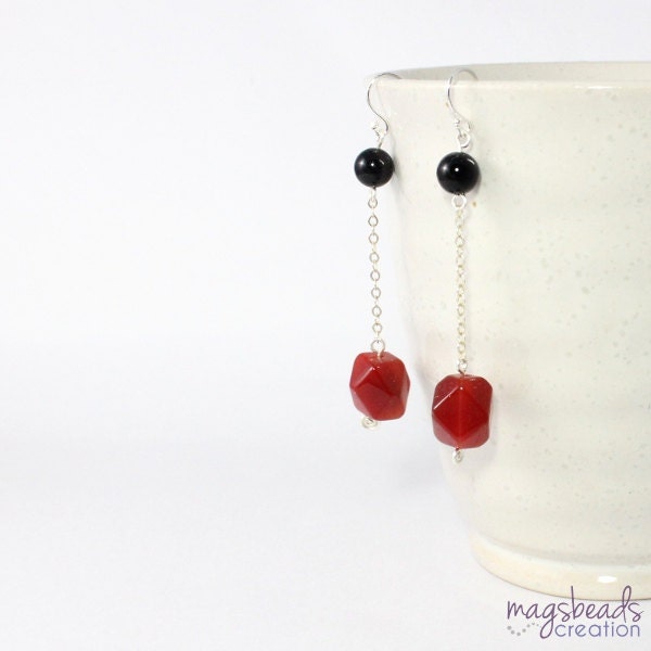 Dangle Red Agate Earrings, Simple Silver Chain Earring, Red and Black, Summer Earrings, Bold Statement Color, Everyday Gemstone Earrings - magsbeadscreation