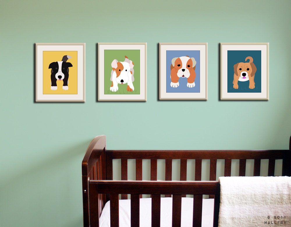 Nursery print dog artwork for baby, nursery art for child 5x7. Any Dog picture in blue for kids room decor from painting by WallFry