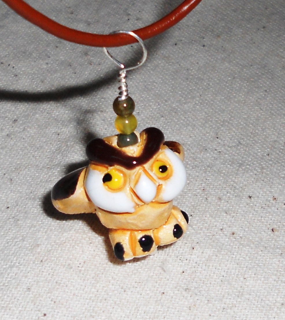 Brown Peruvian ceramic owl pendant necklace on a brown leather cord  packaged in a colorful gift bag 880B