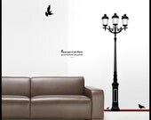 Paris : WALL DECAL -  Old fashion Triple Street Lamp with windows, pigeons, birds, 19th Century, Aragon quote, vinyl decor