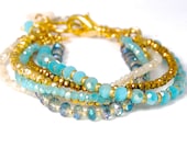 Resort Wear Aqua and Gold 6 Strand Crystal Bracelet  Golden Pyrite and Ocean Blue Crystal Wrap Bracelet