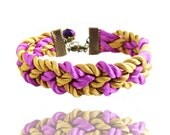 Happy Father's Day Sale - Handmade Swarovski Purple Crystal Purple and Gold Yellow Braided Silk Cords Antique Bronze Bracelet (Get 12% OFF)