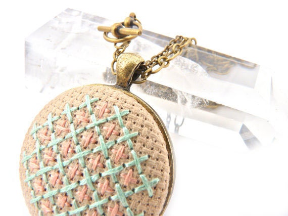 Half Off Sale Cross Stitch Embroidery Necklace with Pastel Honeycomb Design Pendant in Mint and Peach on Antique Brass Double Chain
