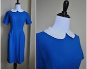Bright Blue Peter Pan Collar Dress - 60s Mini Sheath Dress - Small Dress
