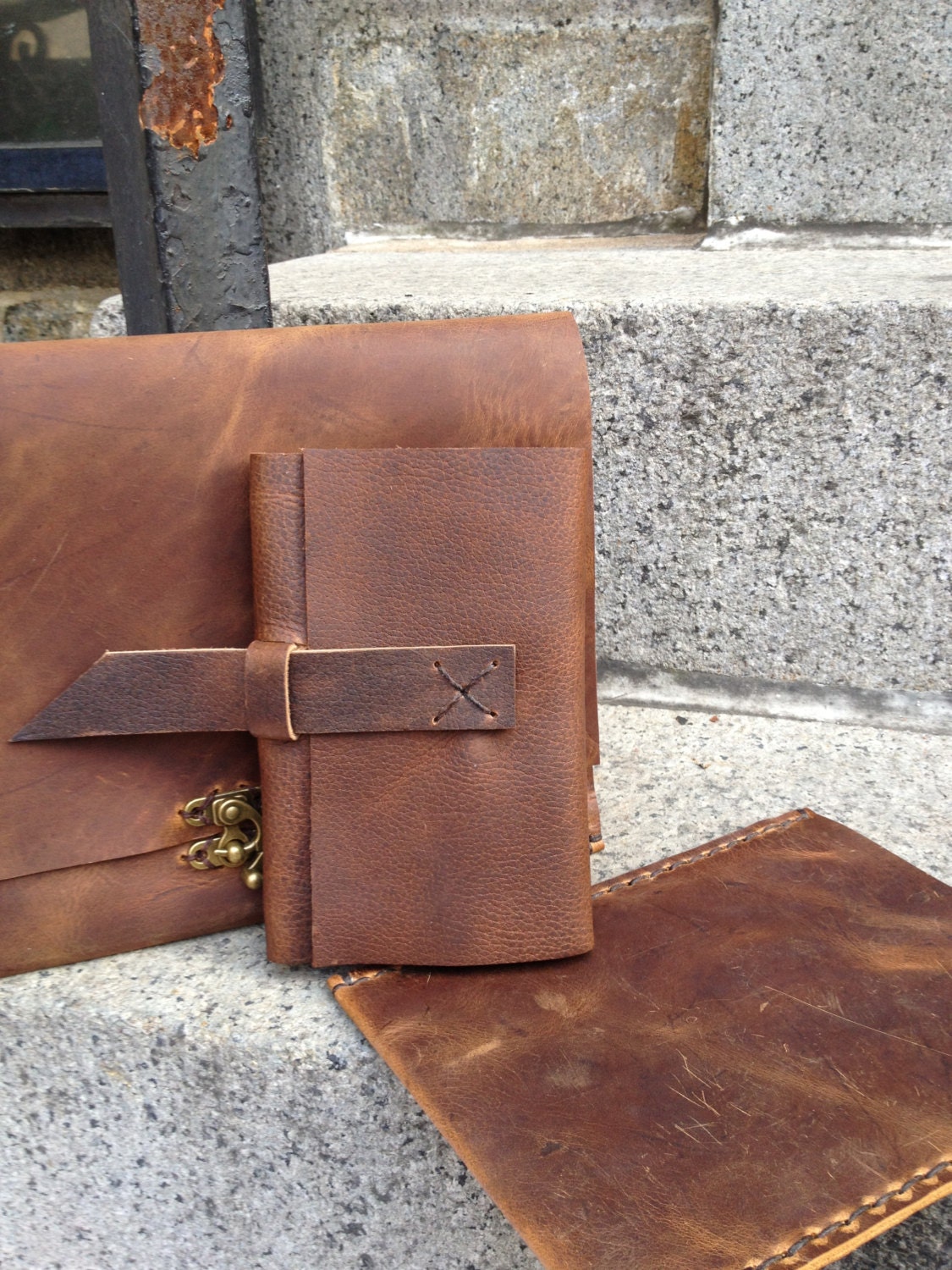 Bodeaux Moleskine leather book cover - hand stitched tri-fold latch closure