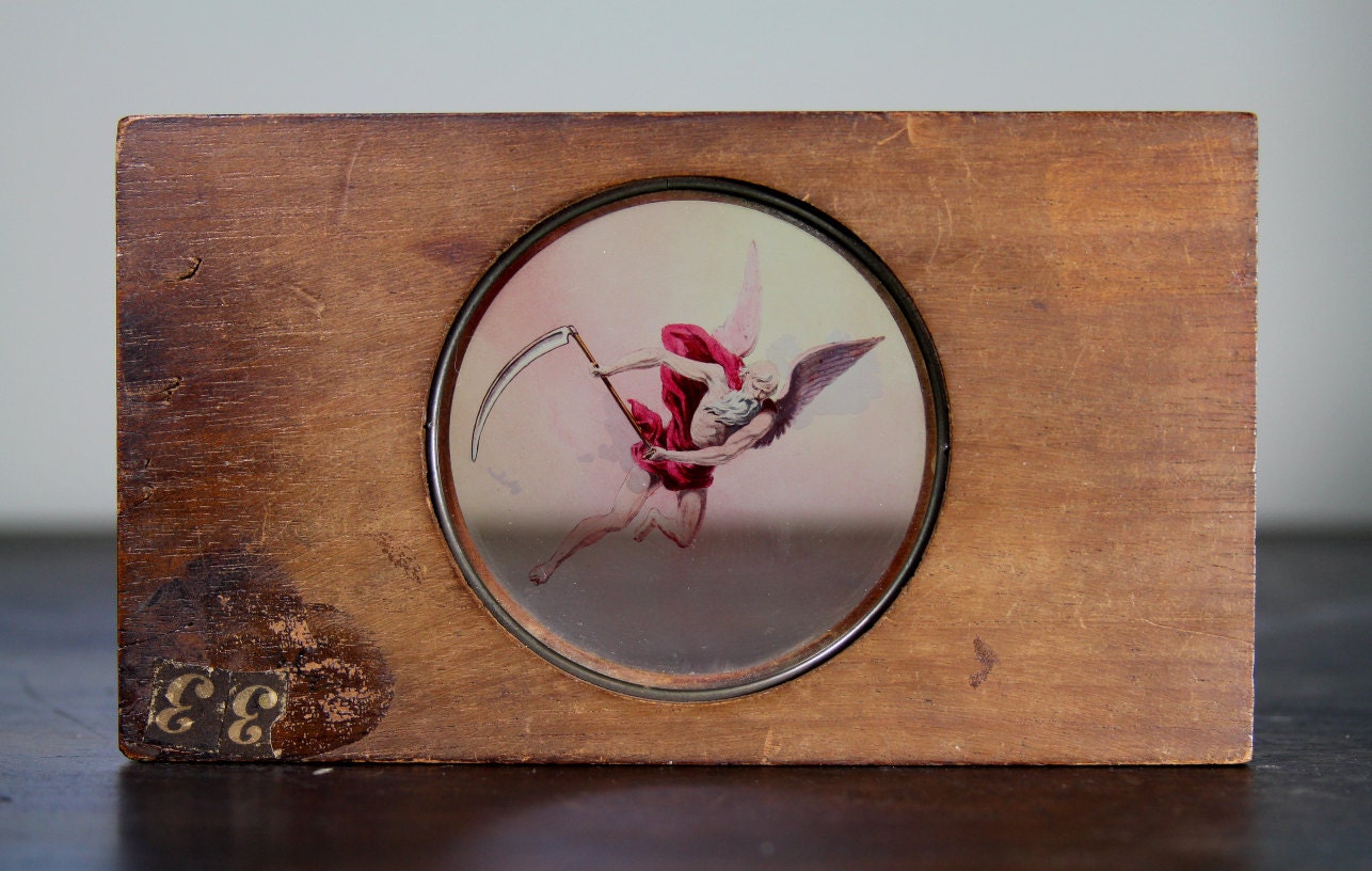 Nineteenth Century Glass Slide in Wood Frame / ANGEL OF DEATH