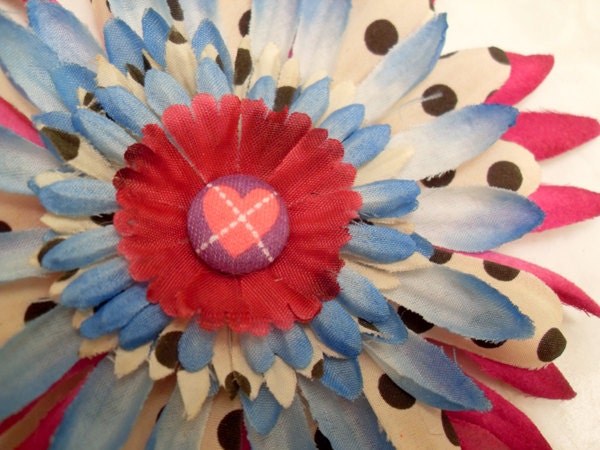 ADORABLE Pink and Blue Polka Dot Flower Hair Clip