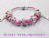 Pink Rope Breast Cancer Bracelet, Euro Style Charm Bracelet, Large Hole Bead Awareness Bracelet, Cancer Support Bracelet
