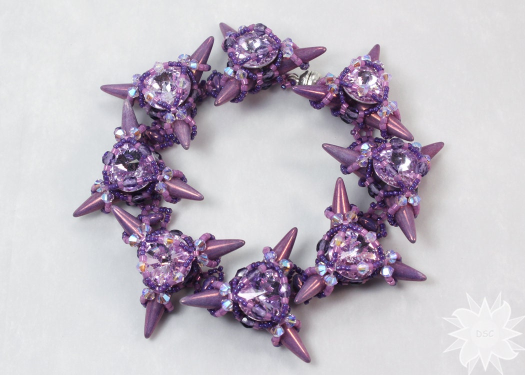 Purple Pink Spiked Bracelet, Hand Stitched Beadweaving Bracelet, Vega Czech Spikes Violet Swarovski Crystal Rivoli Bracelet