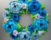 Blue Rose Origami Paper Wreath With Green Leaves