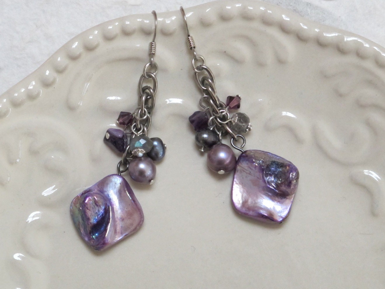 Lavender Pearl Ceramic Earrings with Swarovski Crystal, Labradorite, Amethyst, Freshwater Pearl