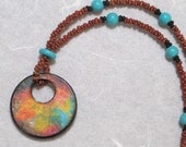 RESERVED - Leaf Design ART Tile Pendant with Glass Peanut Beads and Turquoise