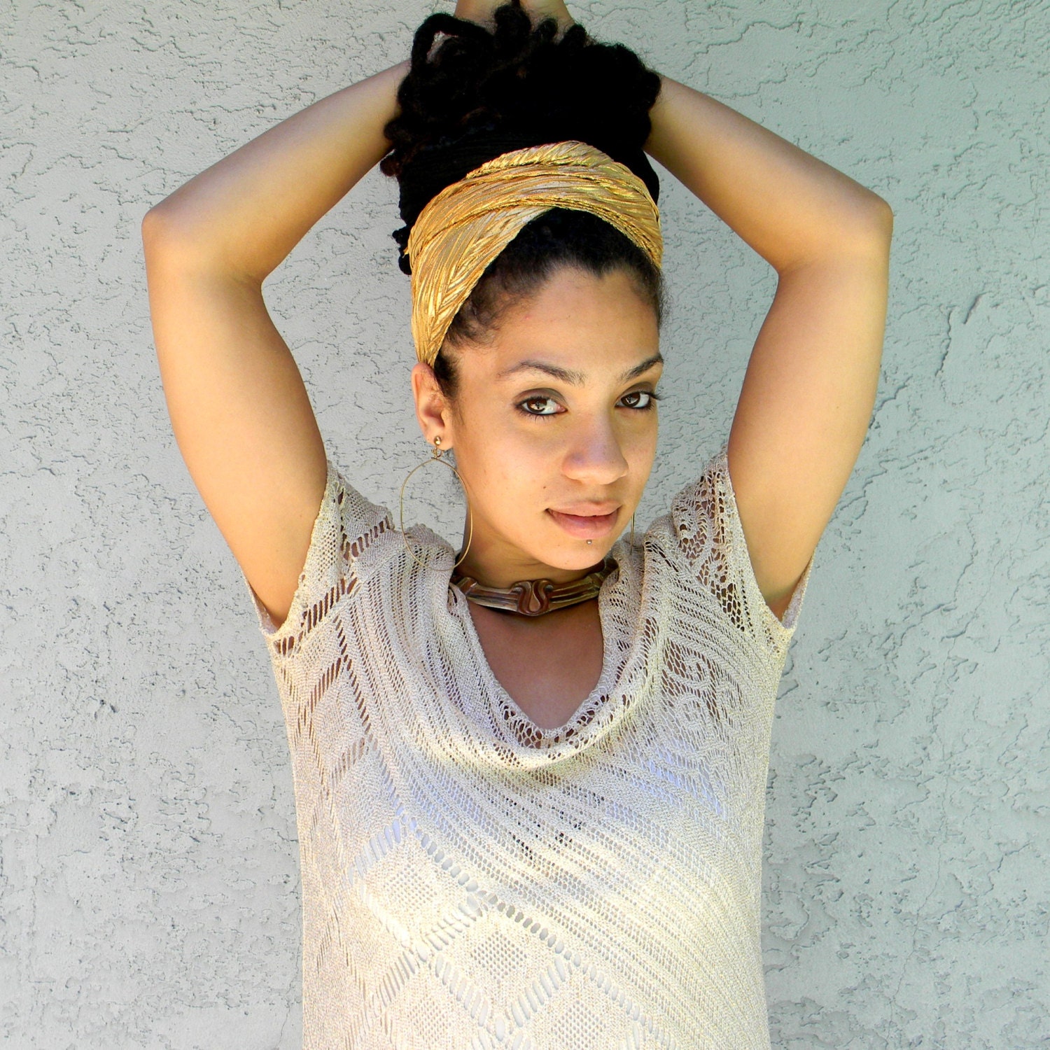 Scarborough Fair - Vintage 80s/90s Stretch Knit Mesh Lace MAXI Dress w/ See Through Peekaboo Cream Ivory/Metallic Gold Lace Fabric - s/m
