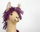 Patricia - Felt Llama, Art Marionette Puppet Handmade Stuffed Toy. Alpaca. claret red  purple berry. SPECIAL ORDER for Pat .