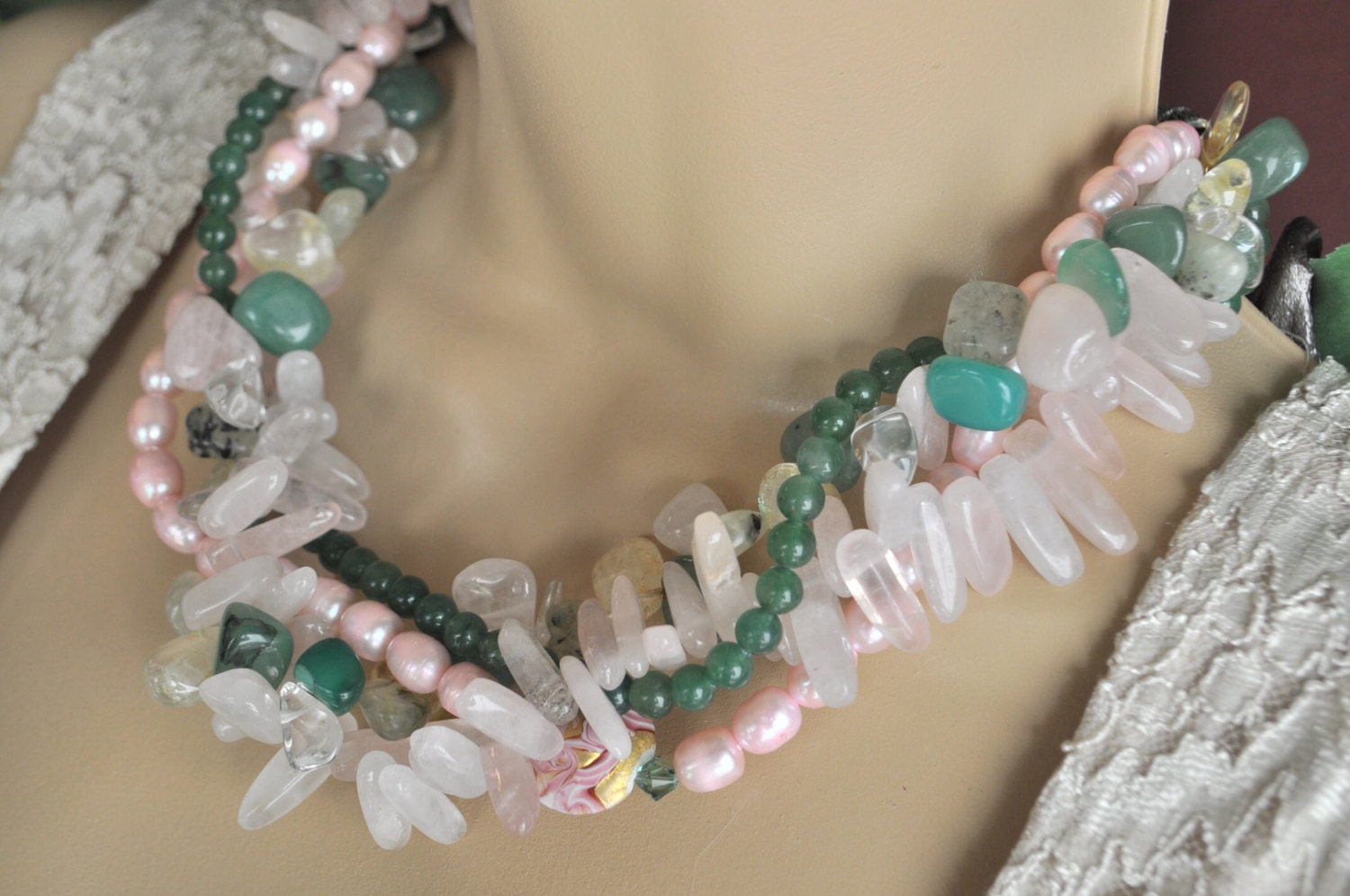 Multi Strand Necklace and Earring Set Featuring Pink Freshwater Pearls, Jade, Quartz and a Hidden Lampwork Bead