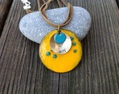Running necklace enameled silver mustard yellow and turquoise with brass "run" stamp