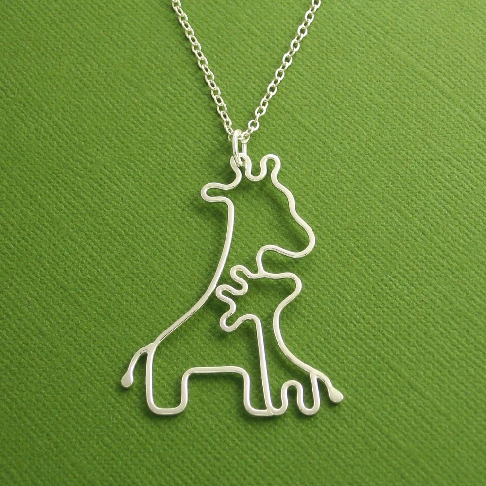 Giraffe Necklace, Mother and Baby, Sterling Silver, Made To Order