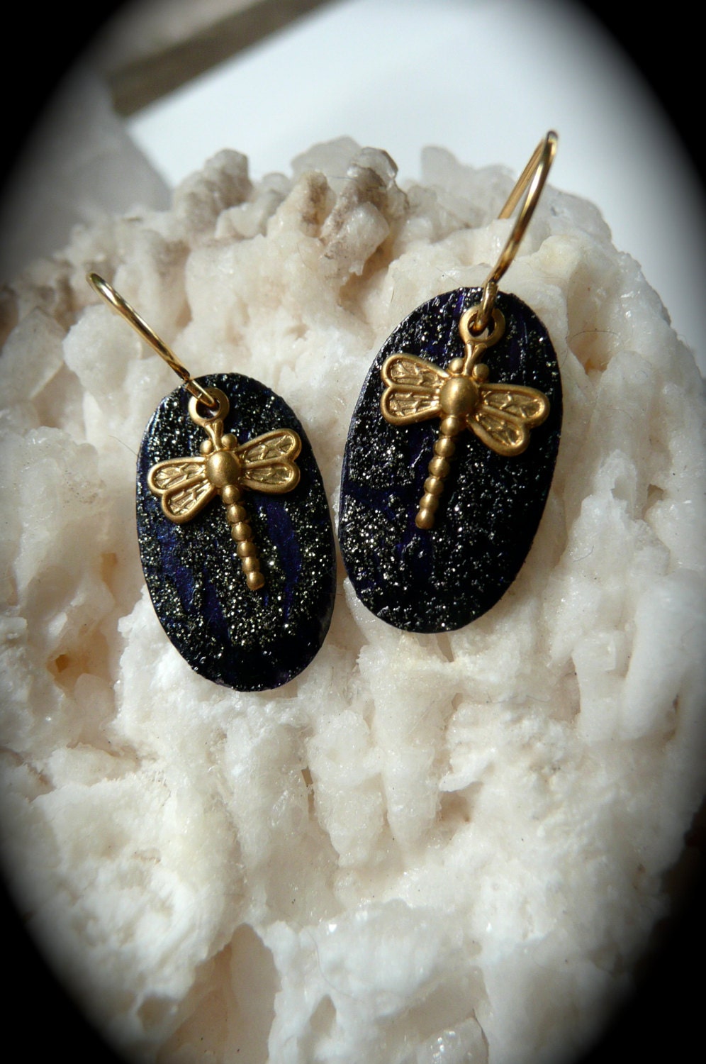 Dragonfly insect totem black  earrings metal handmade
