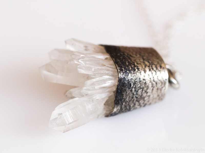Natural Quartz Crystal Cluster Point Druzy Silver Pendant
