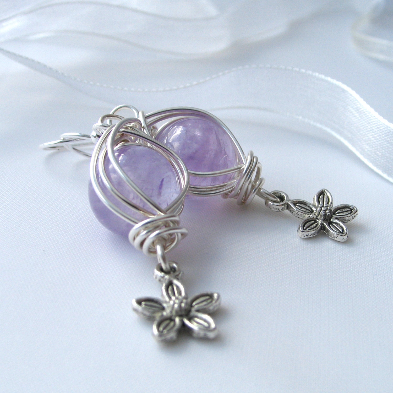 Amethyst  Wire Wrapped Earrings with Flower Charm Purple Dangle Earrings Summer Colours
