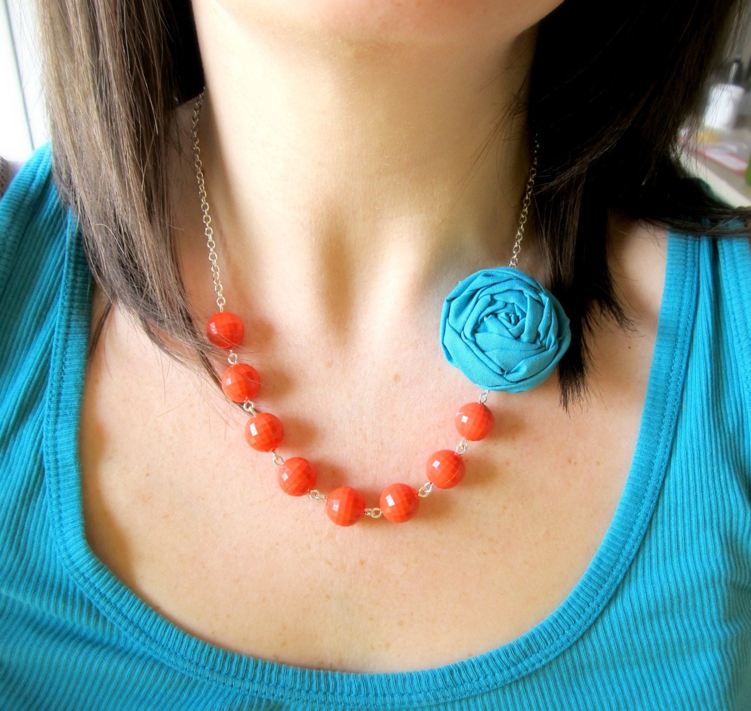Coral and Turquoise statement necklace fabric flower