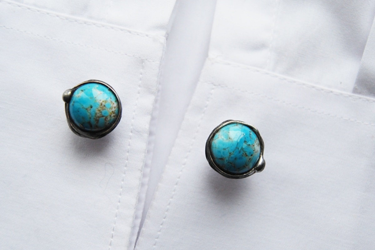 father's Day Gift for him glass cufflinks cuff links unisex woman and men Retro vintage turquoise white