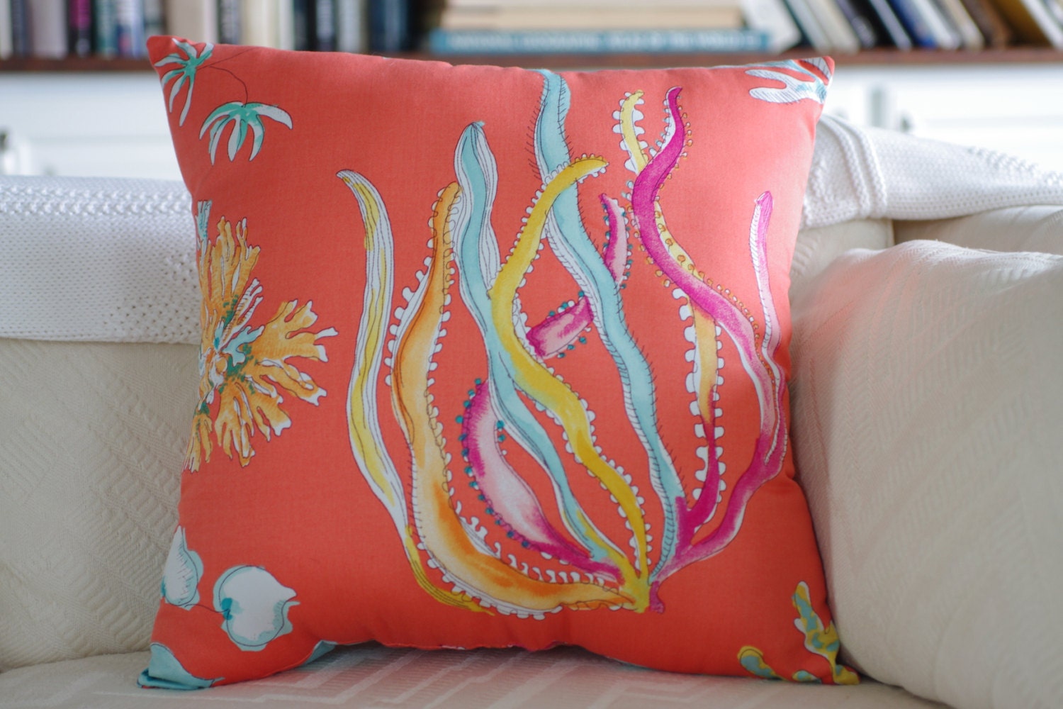 Beach Decor Orange Watercolor Coral and Sea Life Pillow - 18x18 Throw Pillow