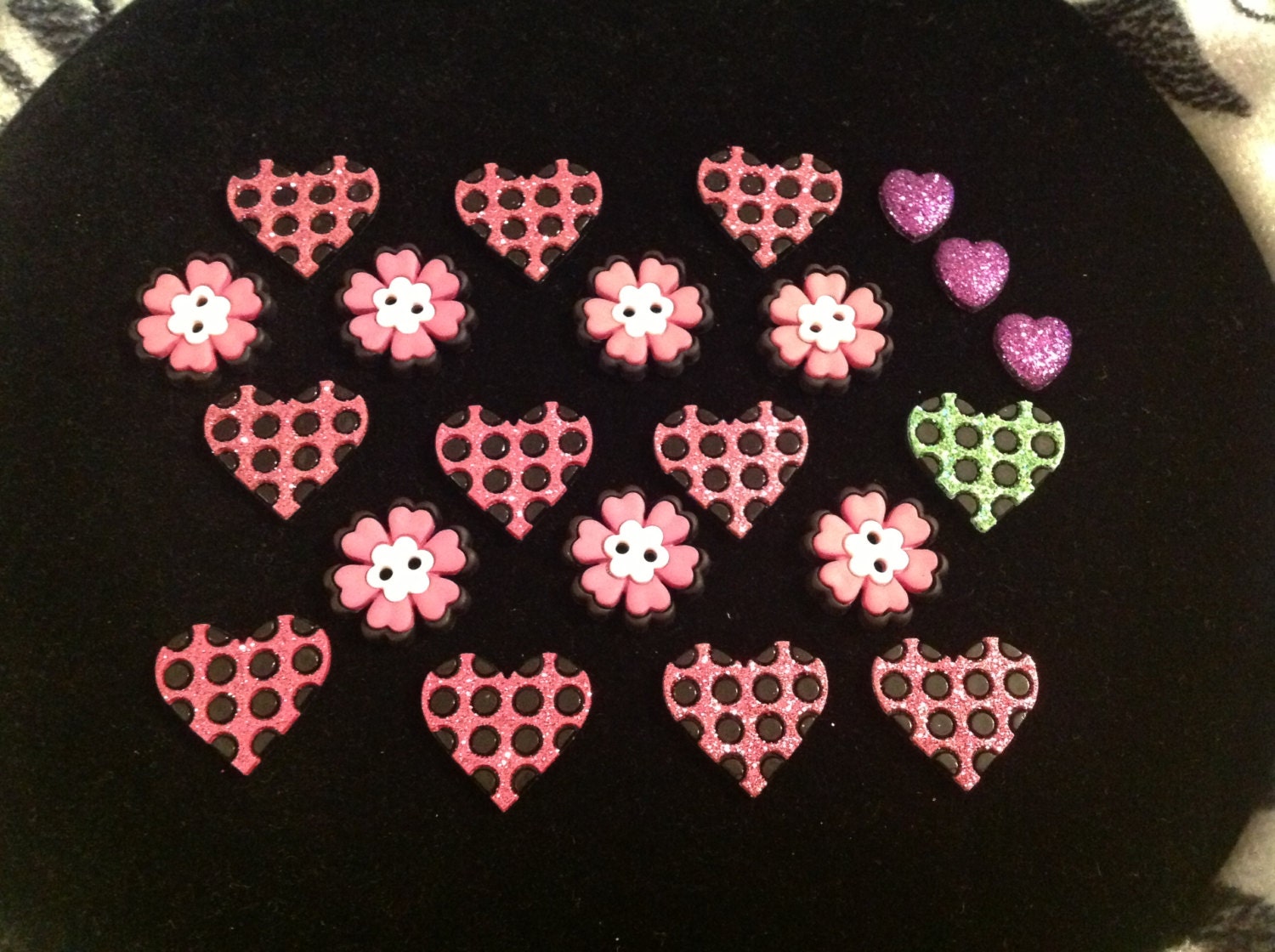 Glitter Hearts Cabochons Pink Purple Green Flowers Buttons Black White DIY Supplies Craft Jewelry Hair Accessories Cute Love V Day