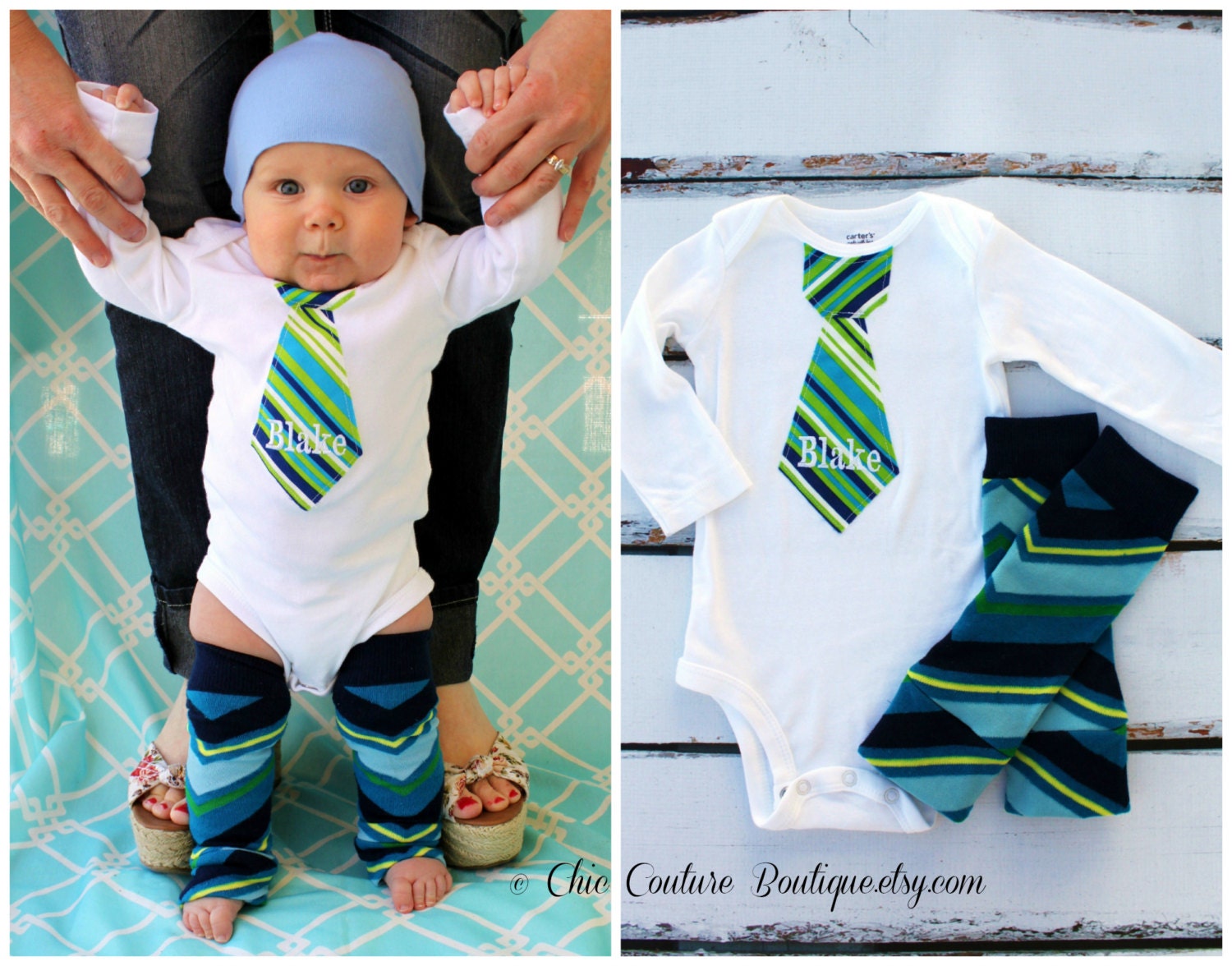 Baby Boy Personalized Tie Onesie and Leg Warmers SET. 1st Father's Day Teal, Green, Baby Blue, Navy, Yellow, White, Stripes, Chevron.