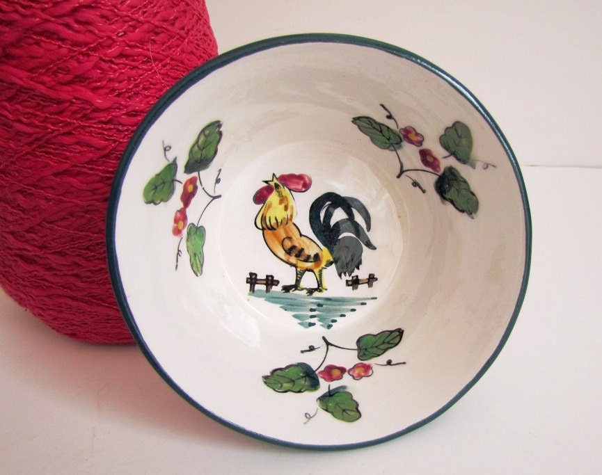 Vintage Rooster Bowl Small Serving Bowl Avian Chicken Bird Theme Green White Red Farmhouse Decor