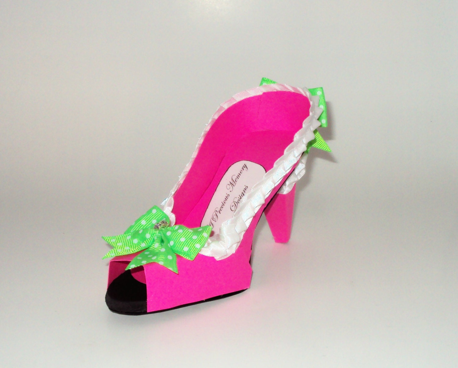 Paper Shoe Art Hot PInk with Lime Green Bows Peep Toe High Heel Original Design Il_570xn