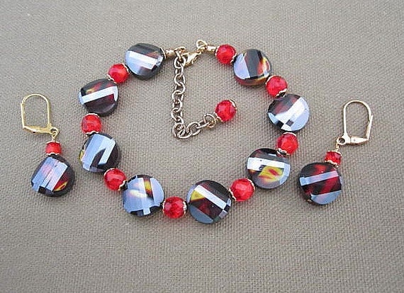 Orange Sunset Glass Beaded Strand Bracelet Earrings Set