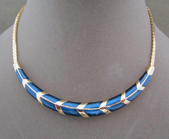 Blue Enamel and Gold Vintage Choker Necklace