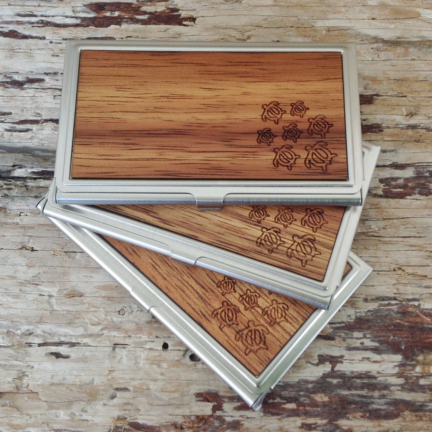 Hawaiian KOA Wood Business Card Case / Holder - Honu, Hawaiian Green Turtle