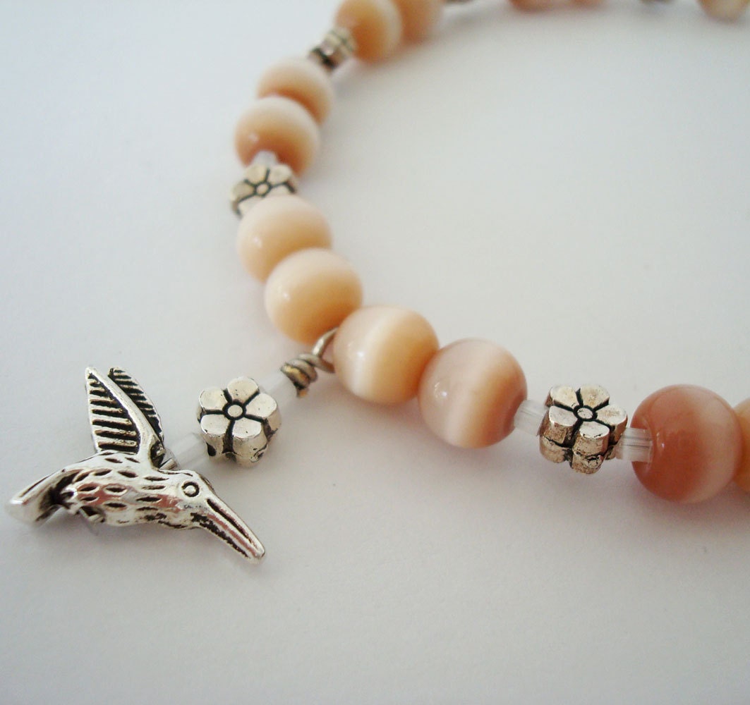 Peach Hummingbird Flower Bracelet Cat's Eye Fiber Optic Metal