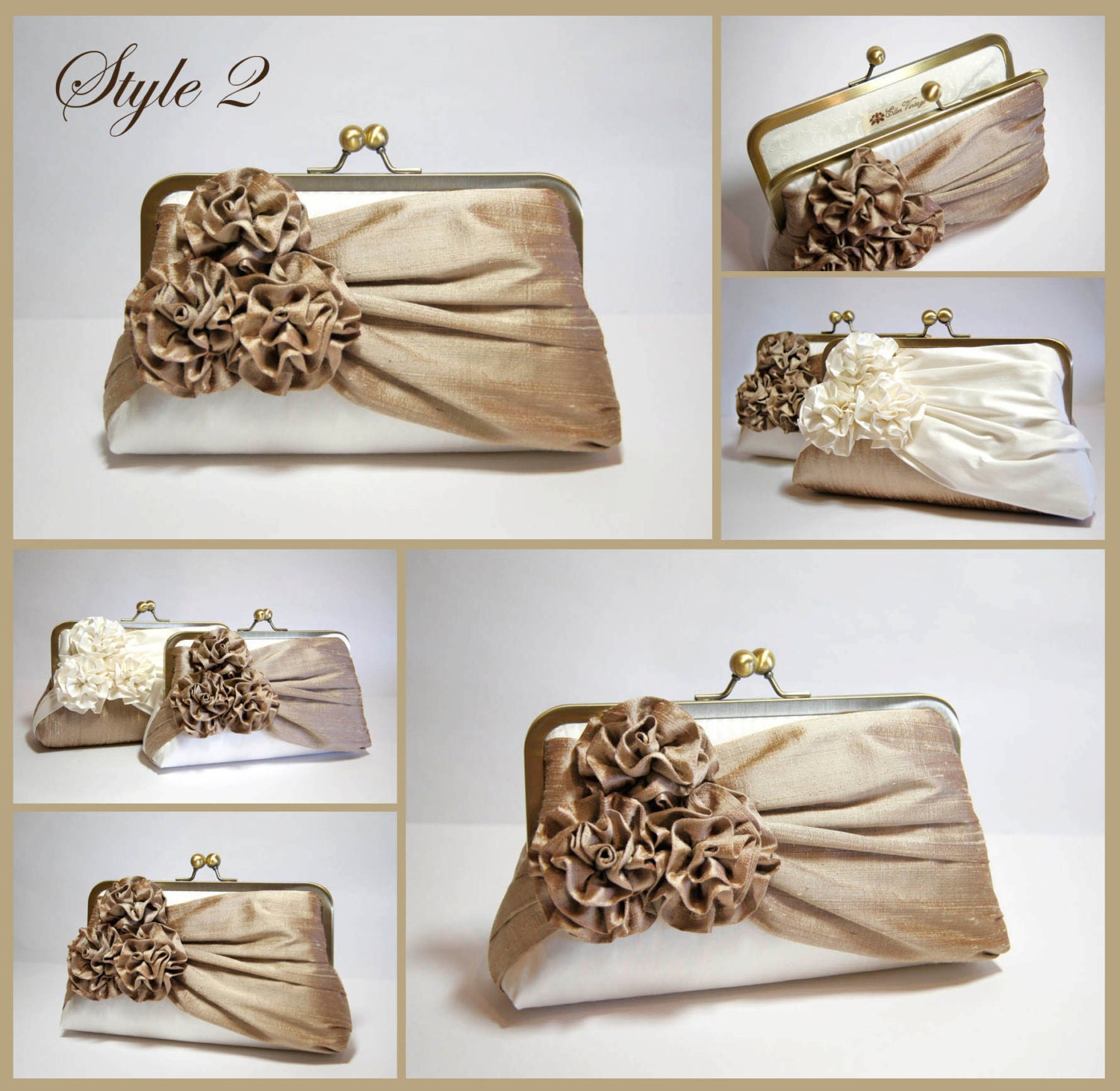 EllenVintage Three Roses Silk Clutch in Tan and Ivory , Wedding clutch, Wedding purse, Bridesmaid clutch, Wedding bag, Bridal clutch