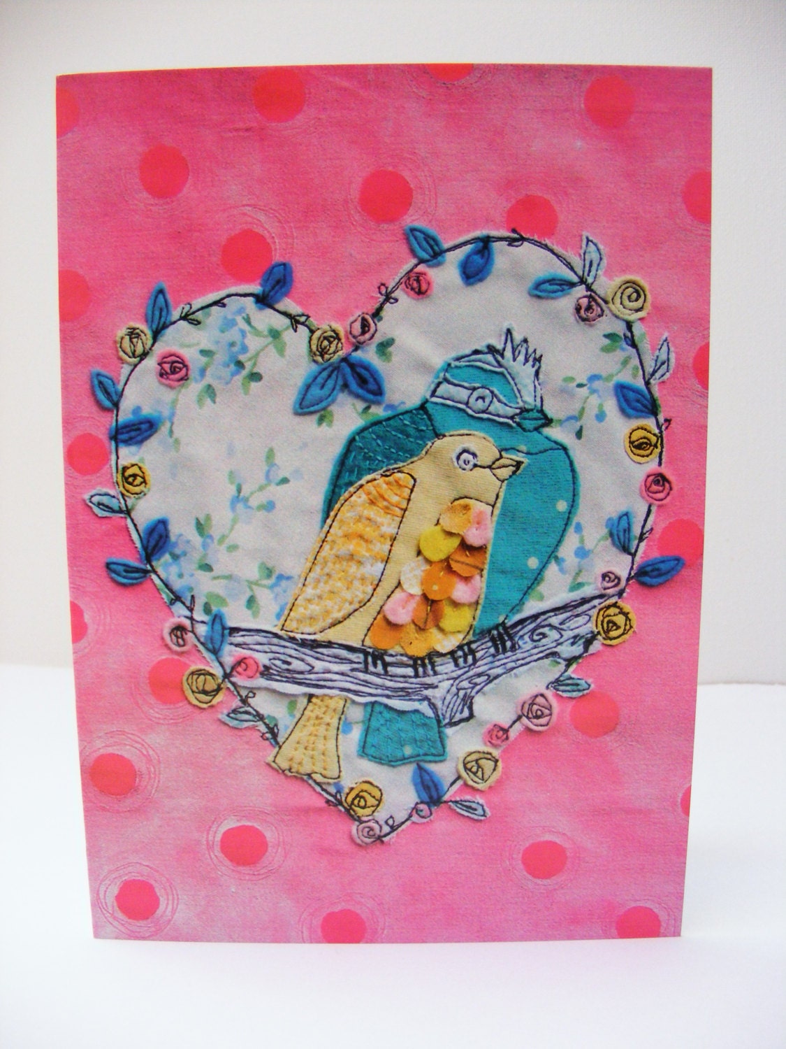 Love birds- blank greeting card- textile and paper collage - stitched illustration