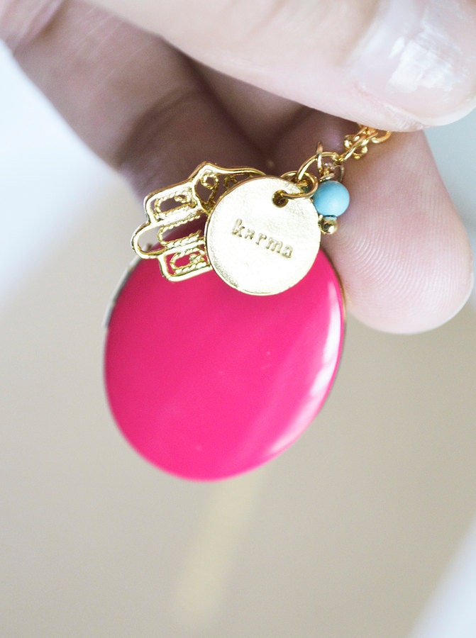 Good Karma Stamped Charm Necklace with Oval Enamel Locket