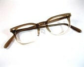 brown fade plastic horn rimmed eyeglasses frames. brownsmoke. mens/unisex new old stock/NOS/deadstock. translucent.