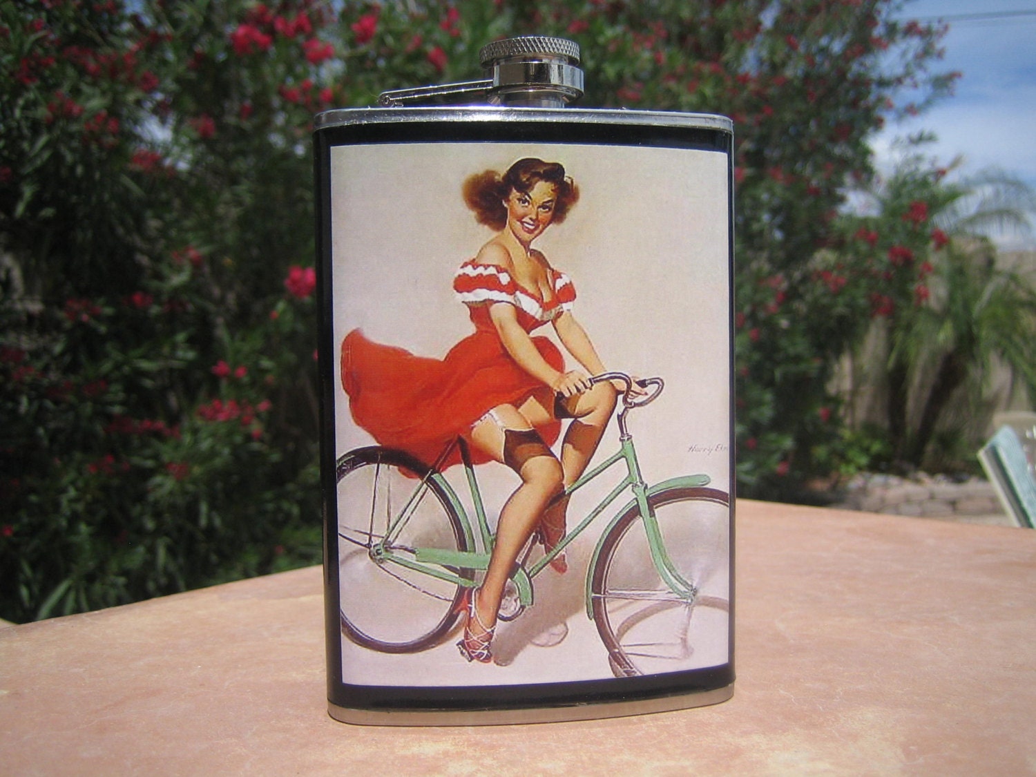 Retro Pinup Girl on Bike 8oz flask guaranteed mothers day