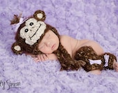 Newborn Baby Girl Monkey Hat and Leg Warmers Photo Prop Set - Furry Chestnut Brown