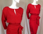 1980s Dynasty Dress Vintage Samuel Evans Red Shoulder Pads Ruched waist