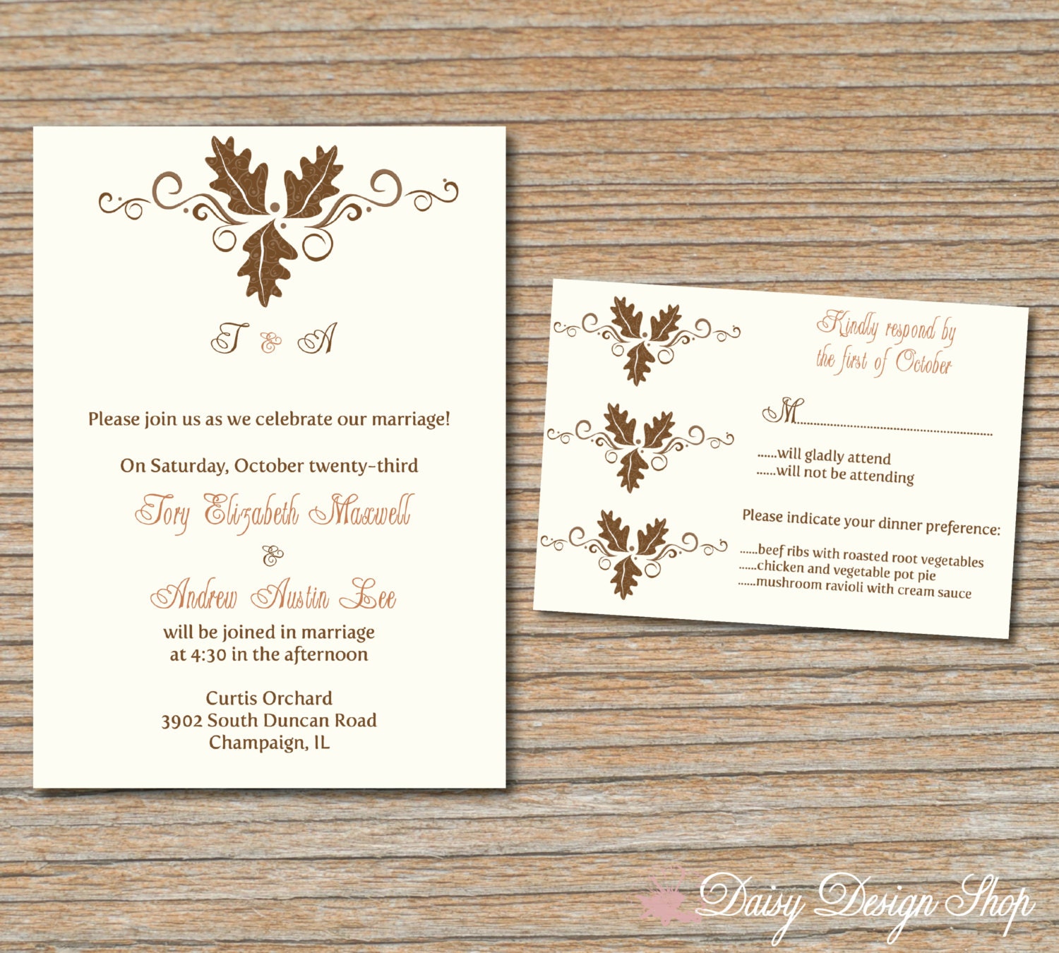 Wedding Invitation - Autumn Leaves in Brown and Cream - Invitation and RSVP Card with Envelopes