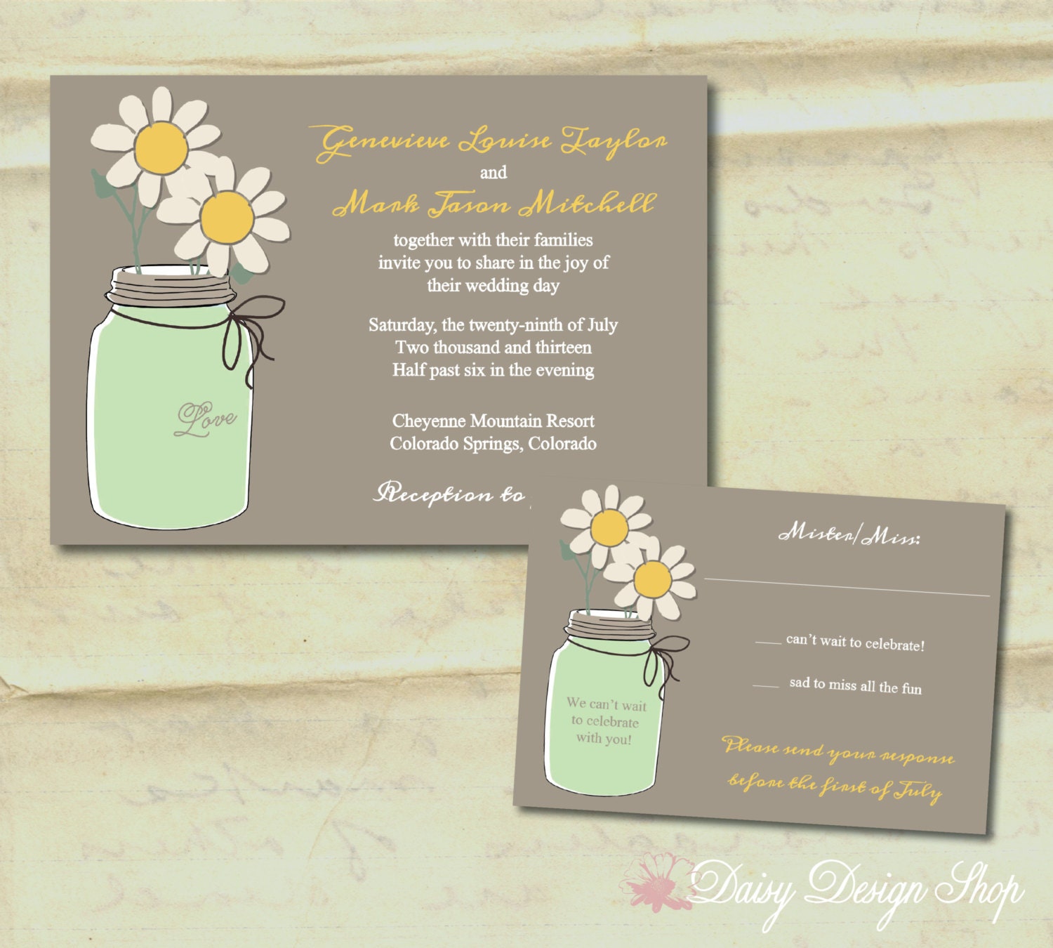 Wedding Invitation - Daisies in a Mason Jar - Invitation and RSVP Card with Envelopes